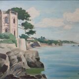 Vintage painting of a coastal landscape with a solitary fisherman.