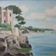 Tableau vintage paysage côtier avec pêcheur solitaire