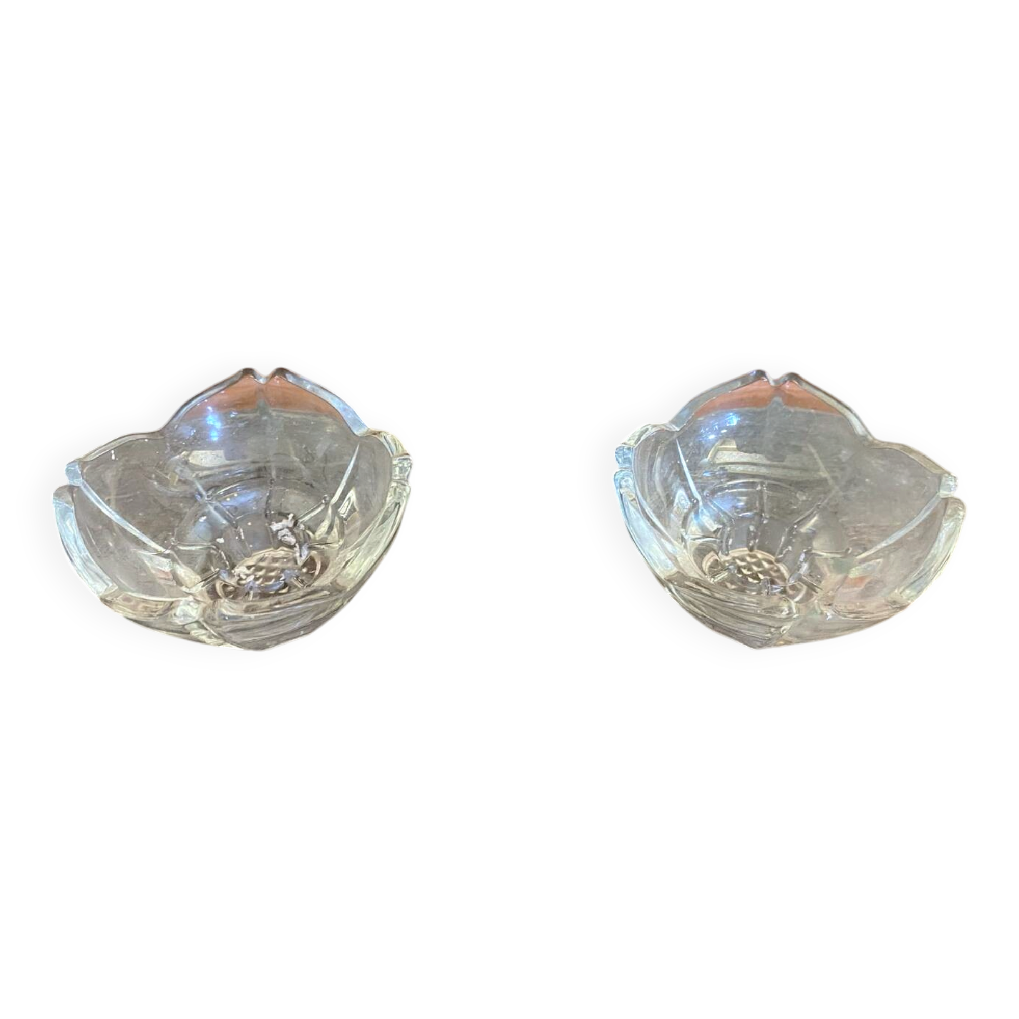 Paire de bougeoirs ancien design verre moulé forme pétale vintage #d829