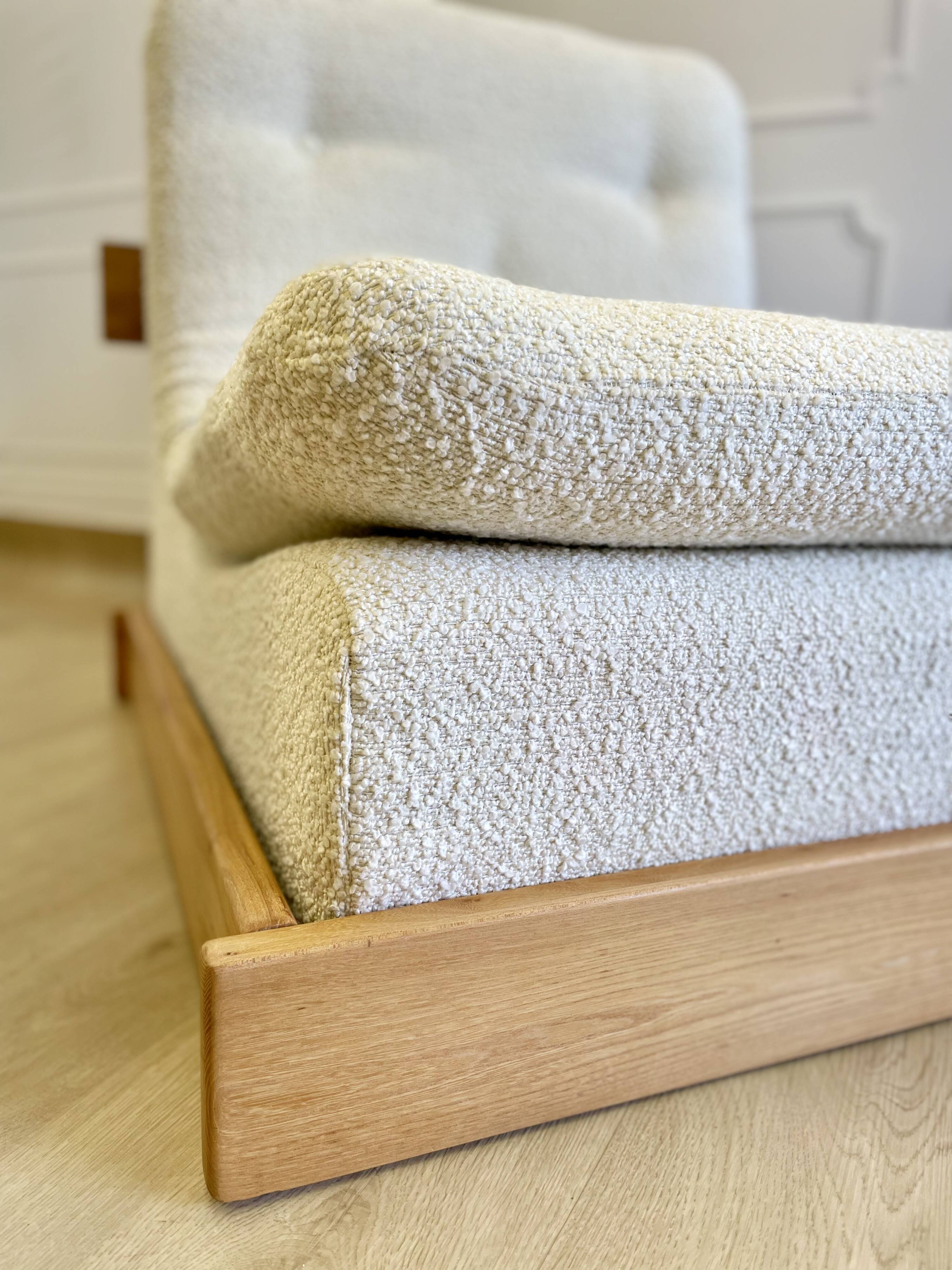Vintage brutalist armchair in oak – ecru boucle fabric