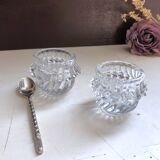 Glass salt and pepper shaker set with vintage serving spoon
