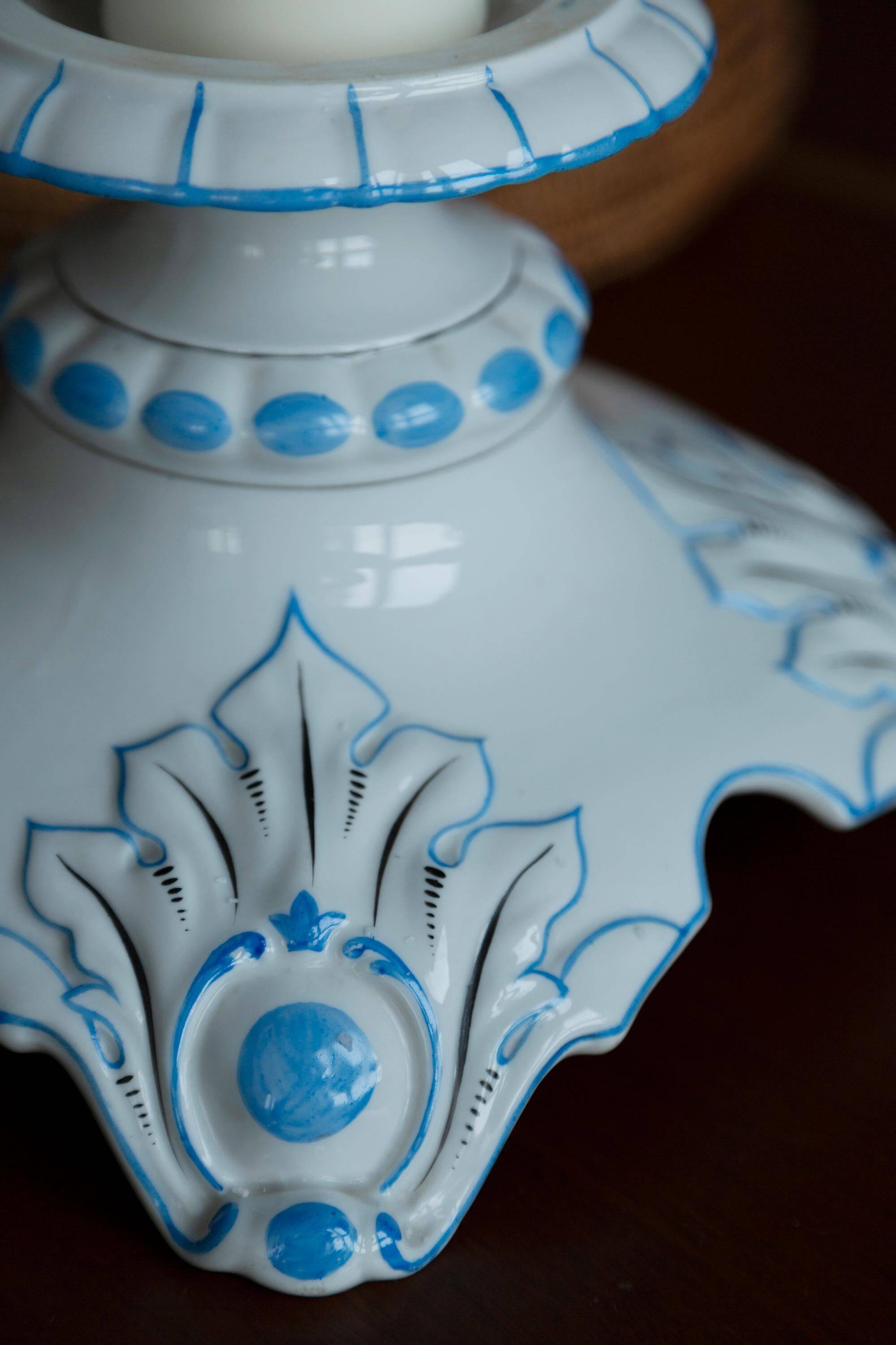 White and blue ceramic chandelier from the 20th century, France, 1960s.