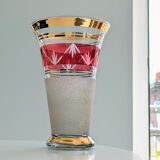 Granite art deco bohemian crystal vase with cranberry pink band and gold edging