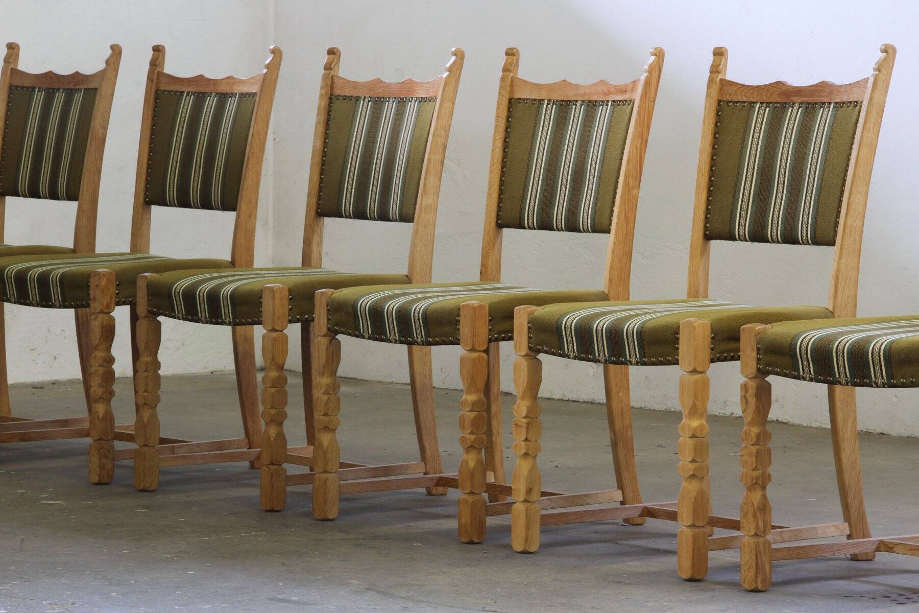 Danish modern brutalist oak dining chairs by Henning Kjærnulf, 1960s, set of 6