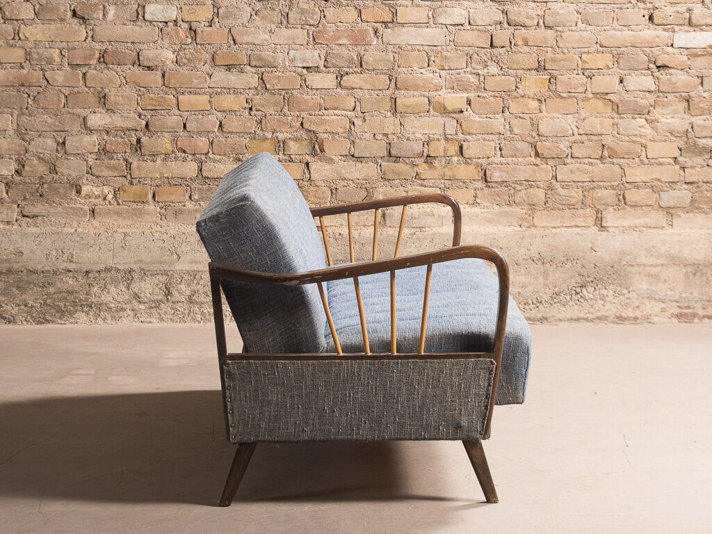 Sofa bed in solid beech with blue fabric, circa 1970