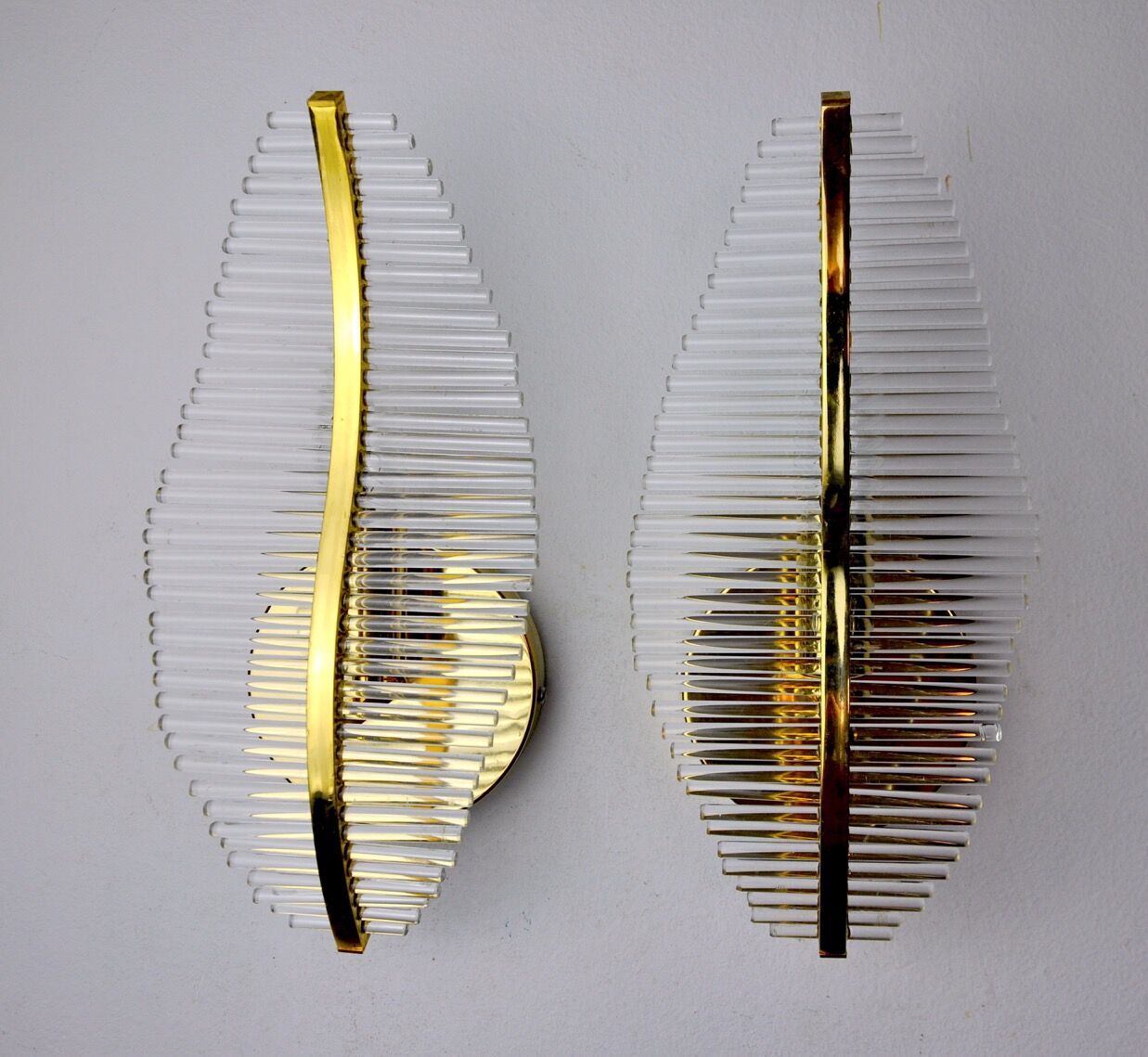 Pair of floral wall lamps Venini dorée, Murano, tubular glasses, Italy, 1970