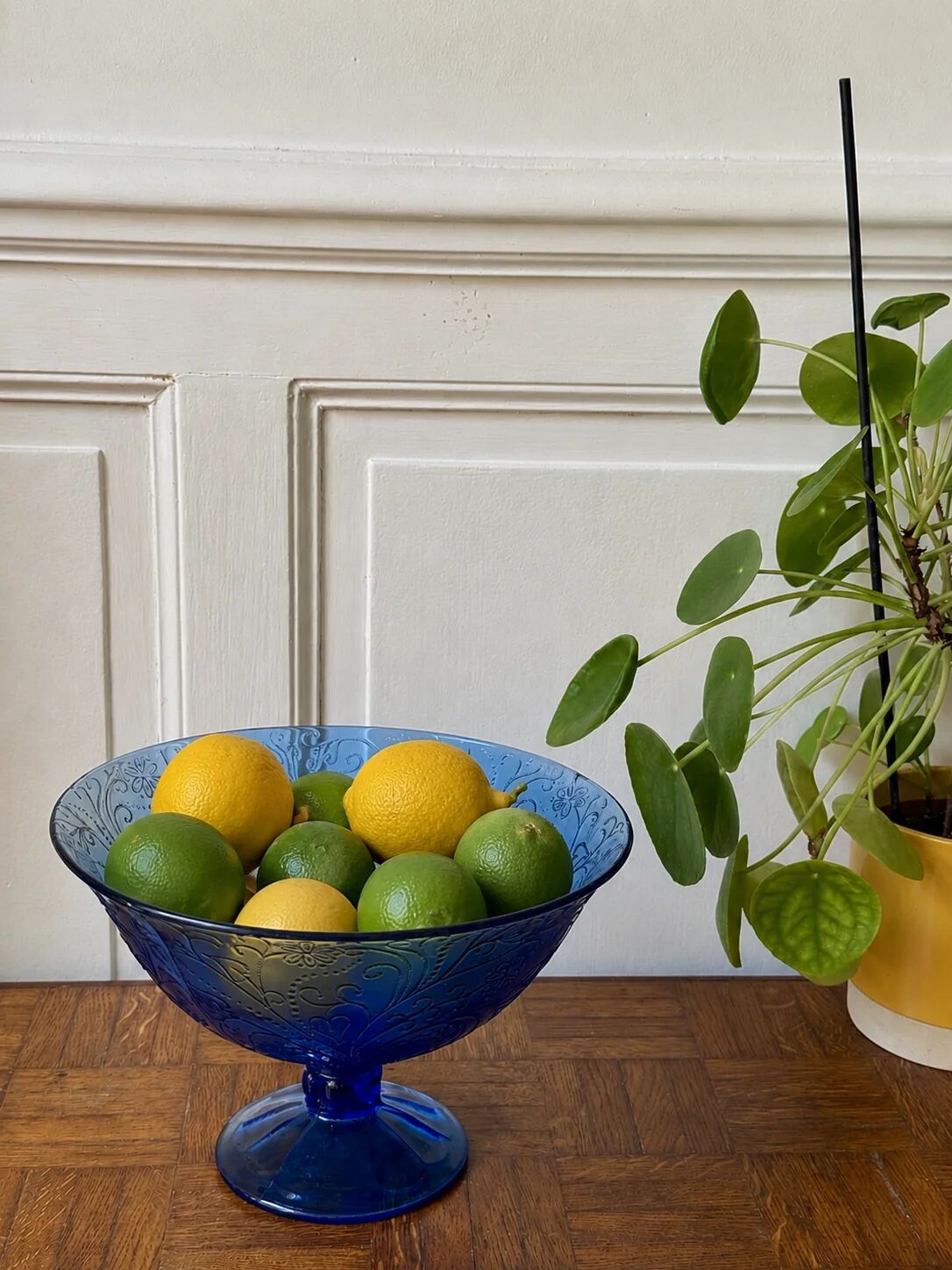 Bluish glass fruit bowl