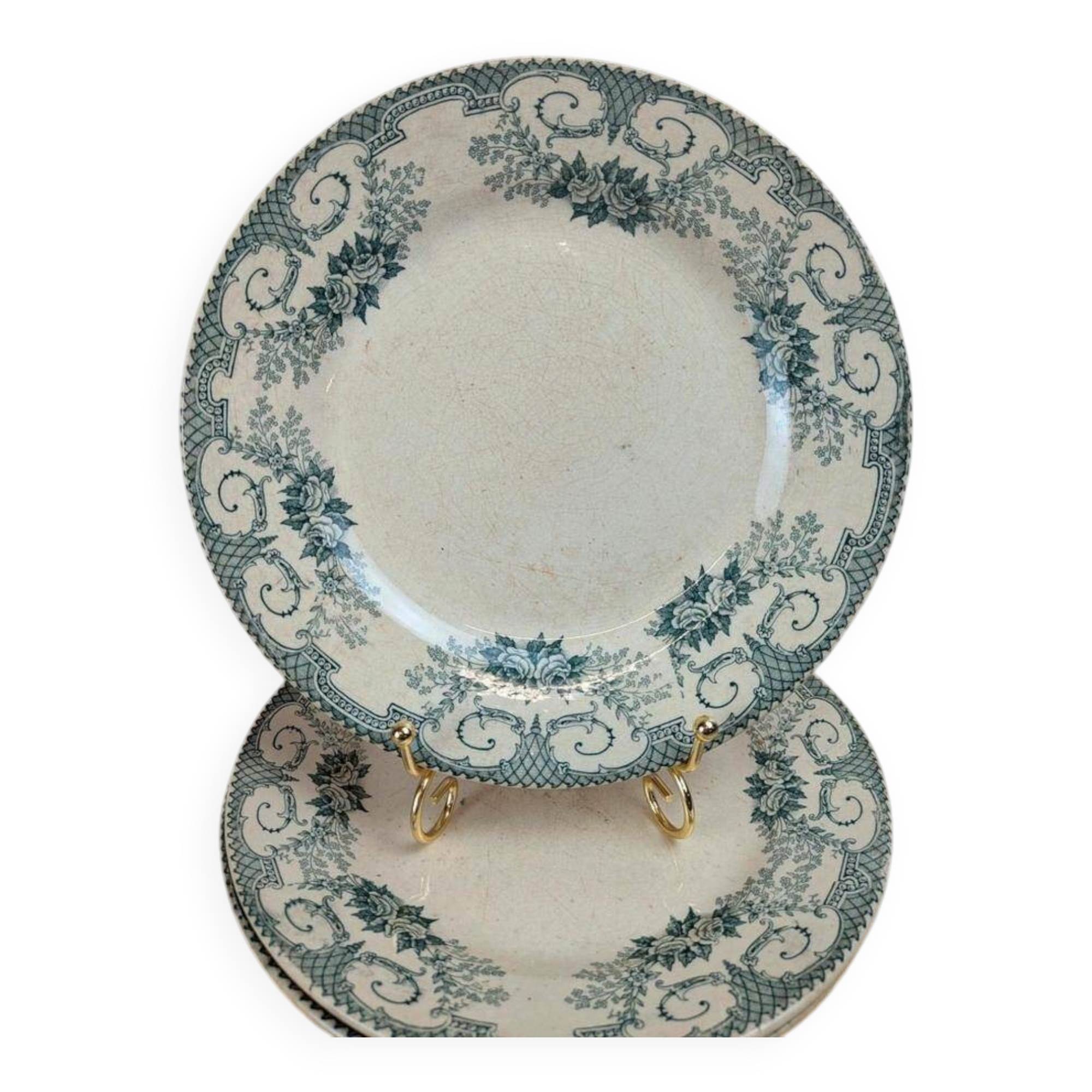 Set of 3 antique flat plates made of ironstone from the Debray Establishments, Clichy service.