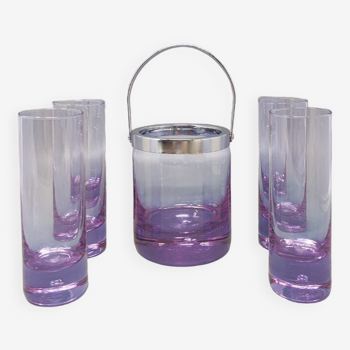1970s Gorgeous Crystal Ice Bucket with 4 Glasses by Ivat. Made in Italy