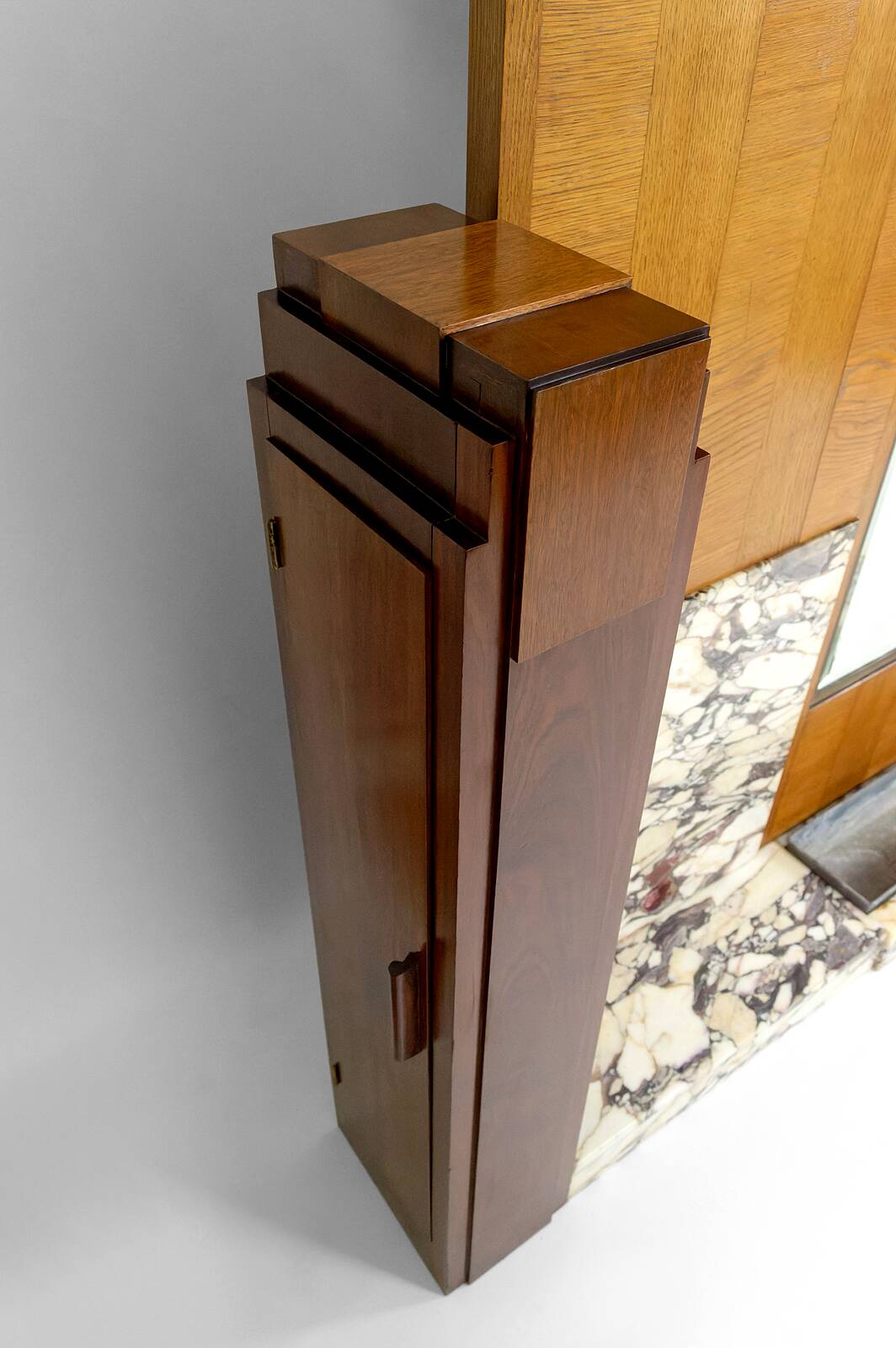Large Art Deco wardrobe in oak, marble and mahogany, circa 1925