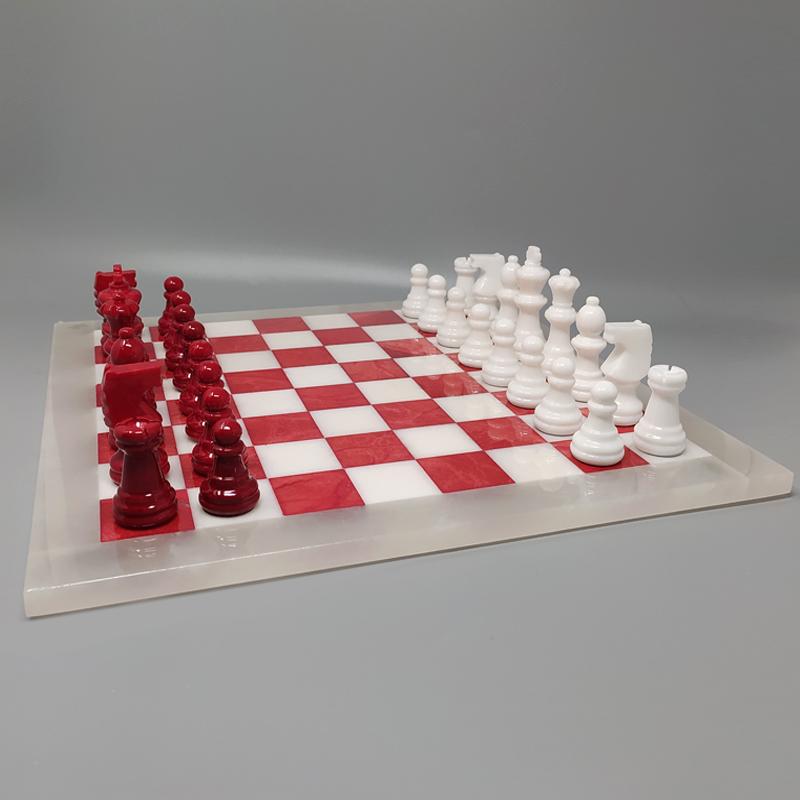 Red and white chess set in volterra alabaster handmade, made in italy1970