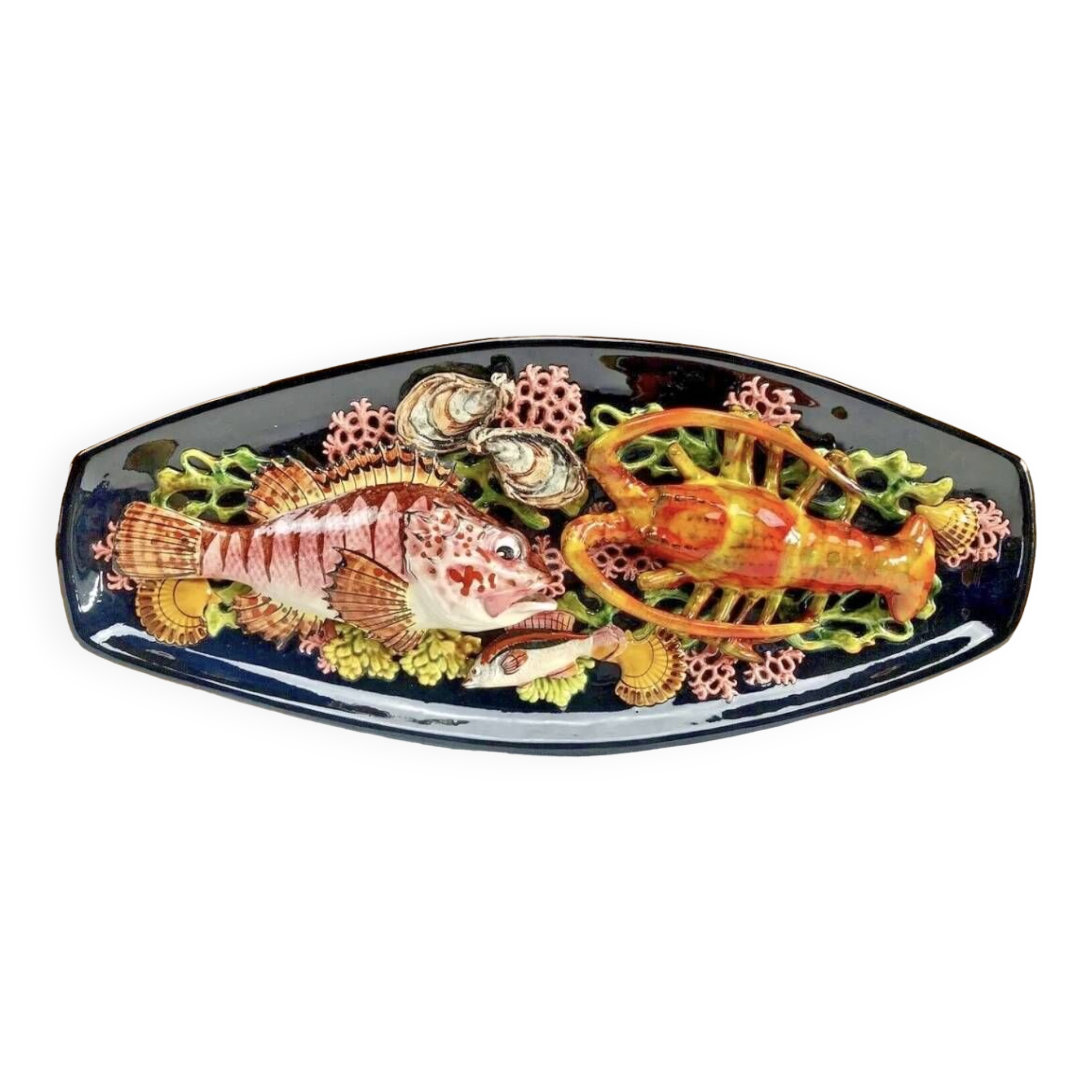 Large Vallauris slip dish 57x25 cm lobster fish