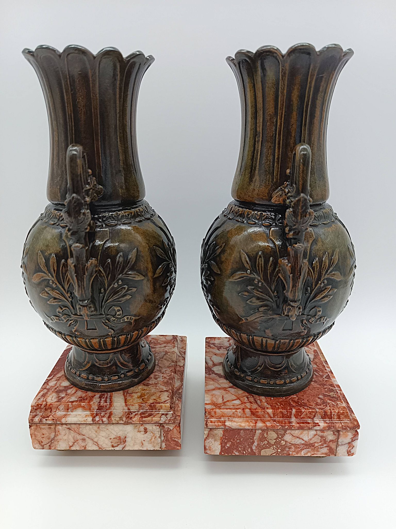 Pair of Antique Cassolettes Vases Louis XVI Style Regule & Red Marble 19