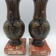 Pair of Antique Cassolettes Vases Louis XVI Style Regule & Red Marble 19