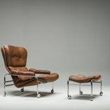 Swedish Lounge Chair and Ottoman in Chrome and Brown Leather by Scapa Rydaholm, 1960s, Set of 2