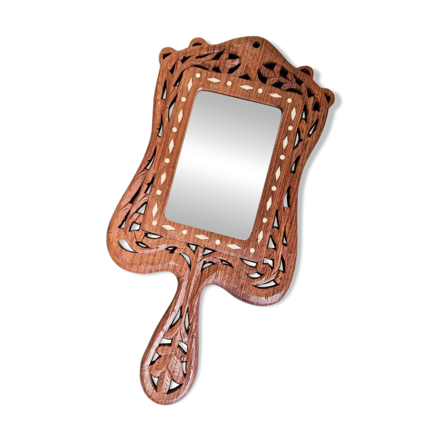 Vintage hand mirror in hand carved wood and bone inlay
