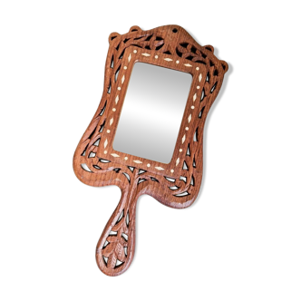 Vintage hand mirror in handcrafted carved wood and bone inlays