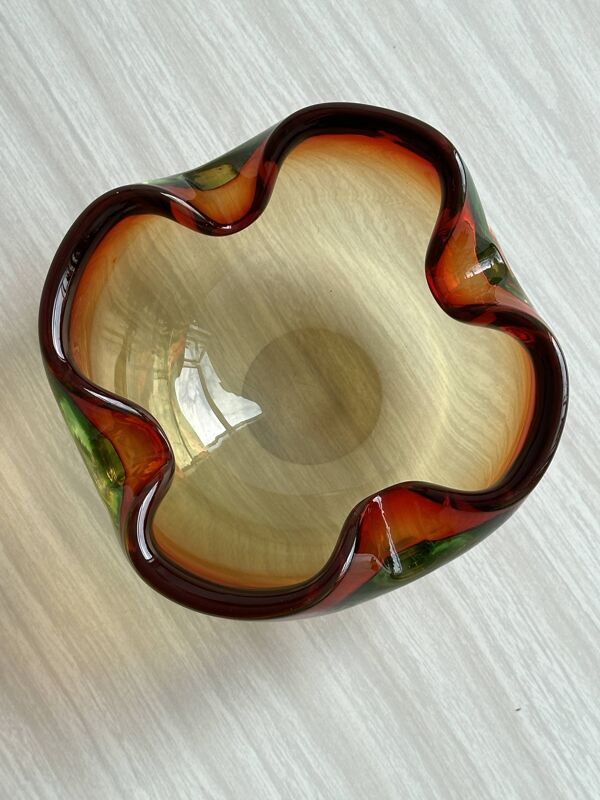 Coupe en verre soufflé style Murano, cendrier multicolore dégradé rouge