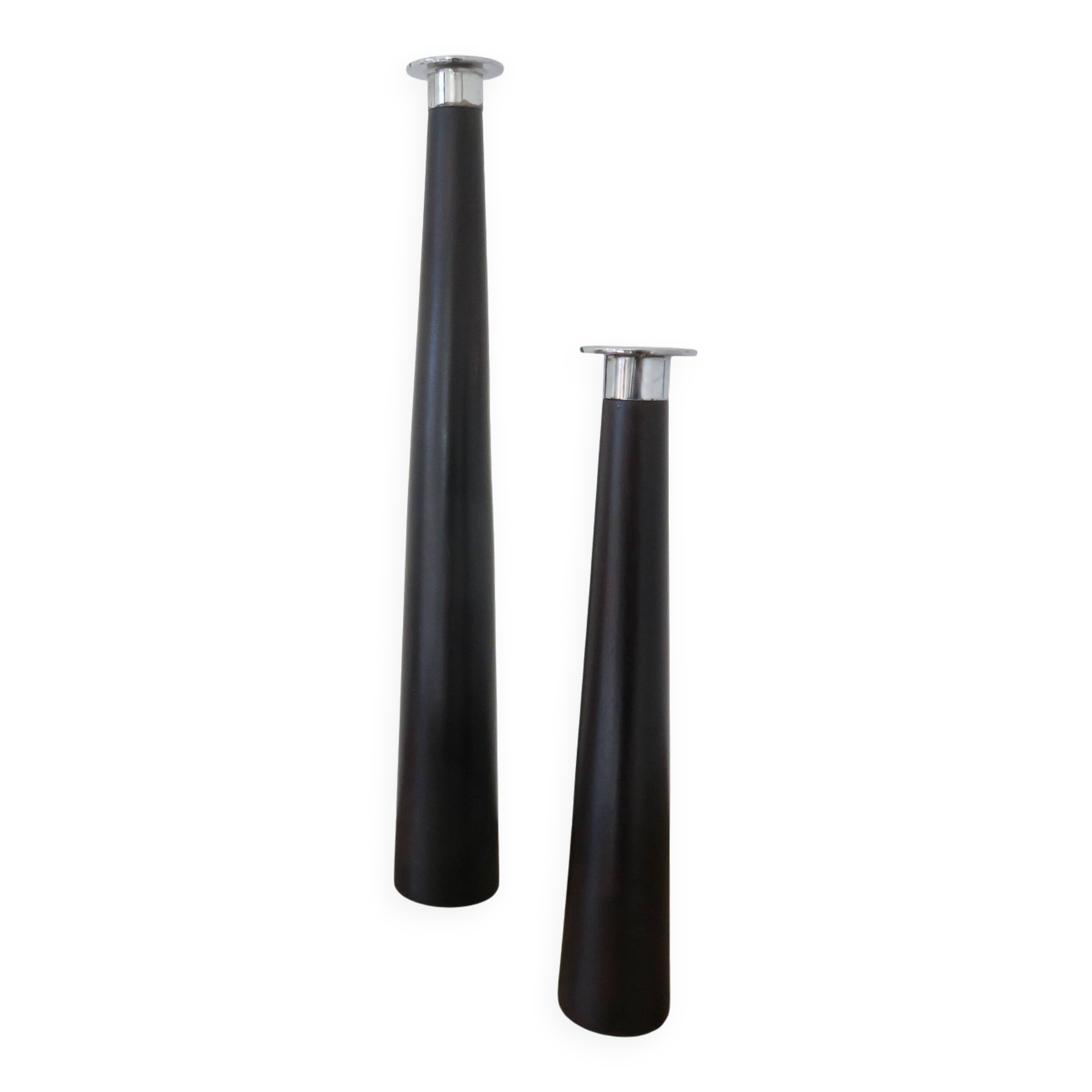 Pair of designer candlesticks, XXL, tapered, teak and chrome metal, 1980s