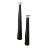 Pair of designer candlesticks, XXL, tapered, teak and chrome metal, 1980s