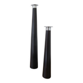 Pair of designer candlesticks, XXL, tapered, teak and chrome metal, 1980s