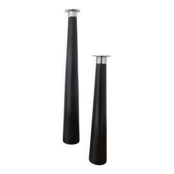 Pair of designer candlesticks, XXL, tapered, teak and chrome metal, 1980s