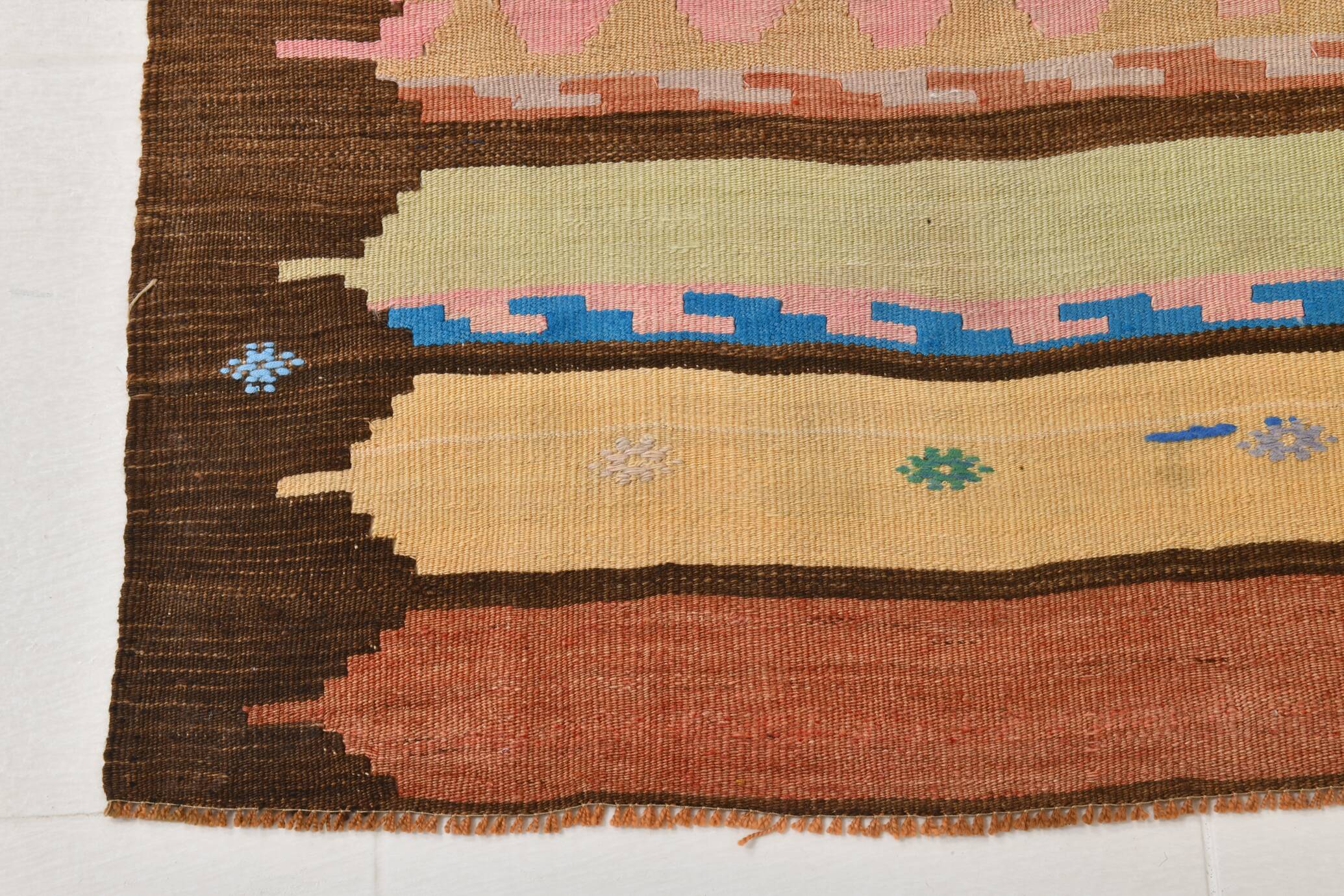 4x13 Beige & Orange Kilim Runner Rug, Wool Runner Rug, Stair Rug, 121x395Cm