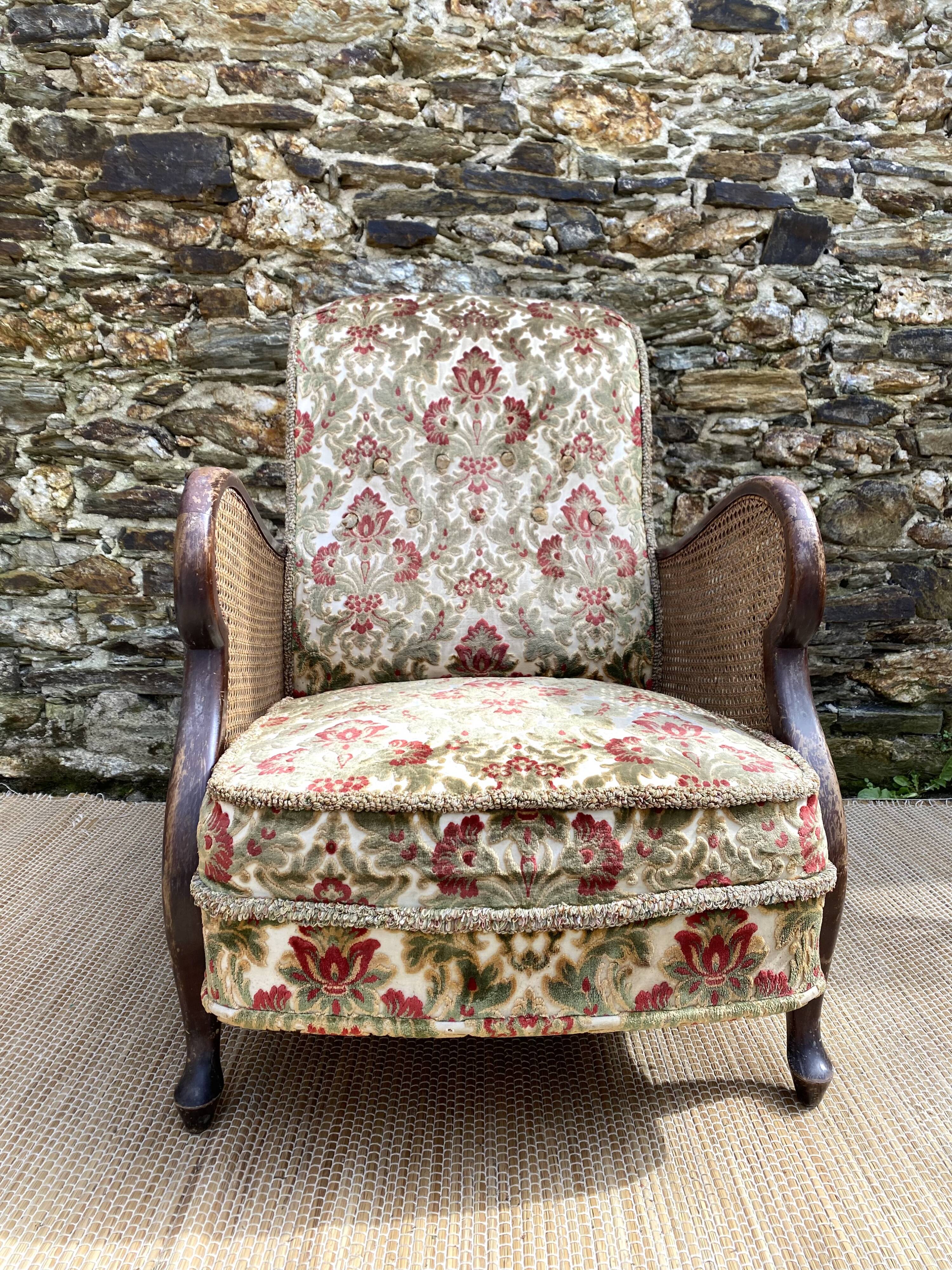 English cane and velvet armchair, Chippendale style