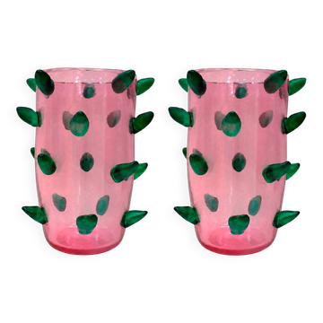 Two Pink and Green Murano Glass Art Deco Vases with Applied Spikes, 80s