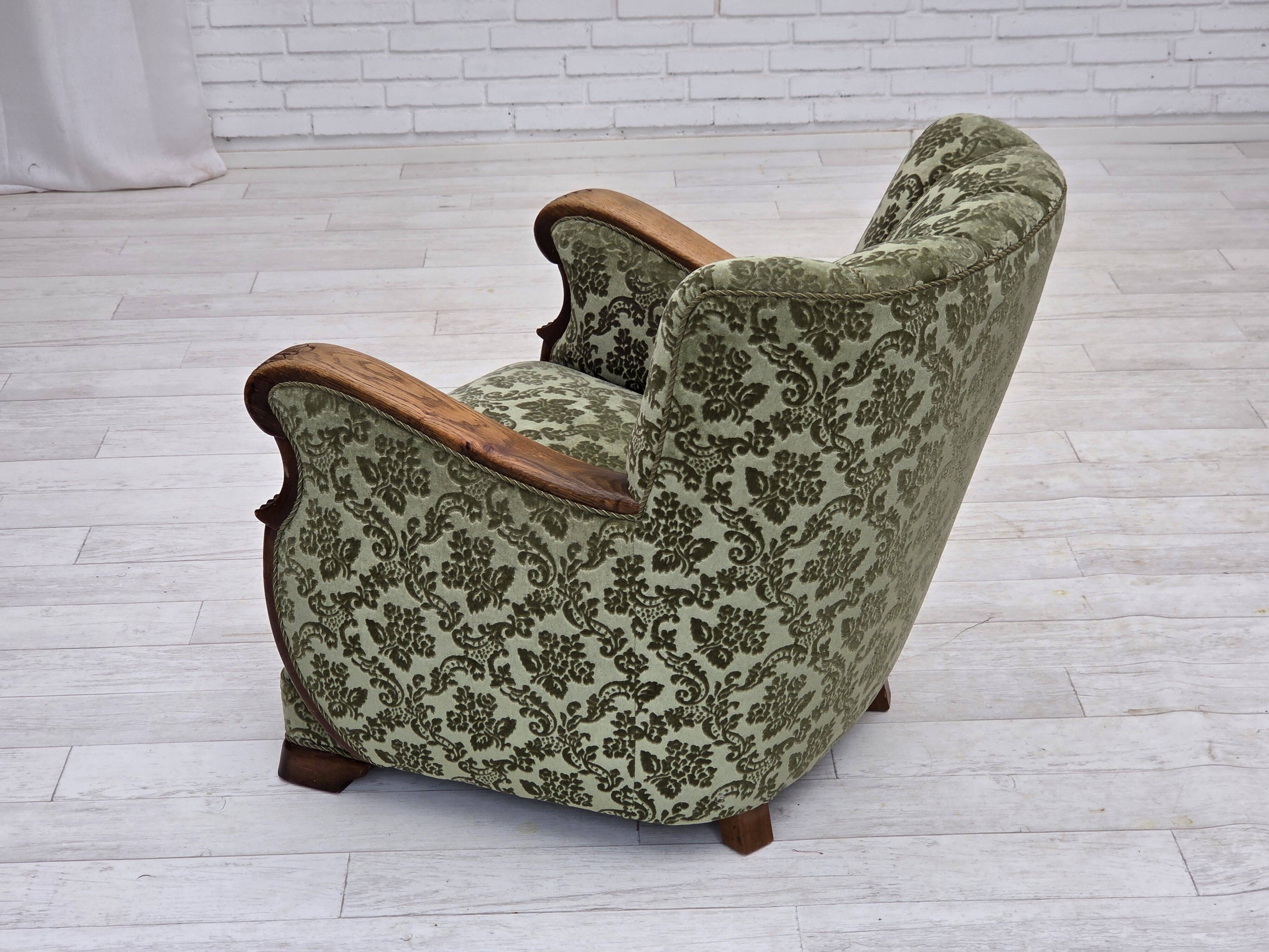 1960s, Danish armchair, green furniture velour, solid oak wood.