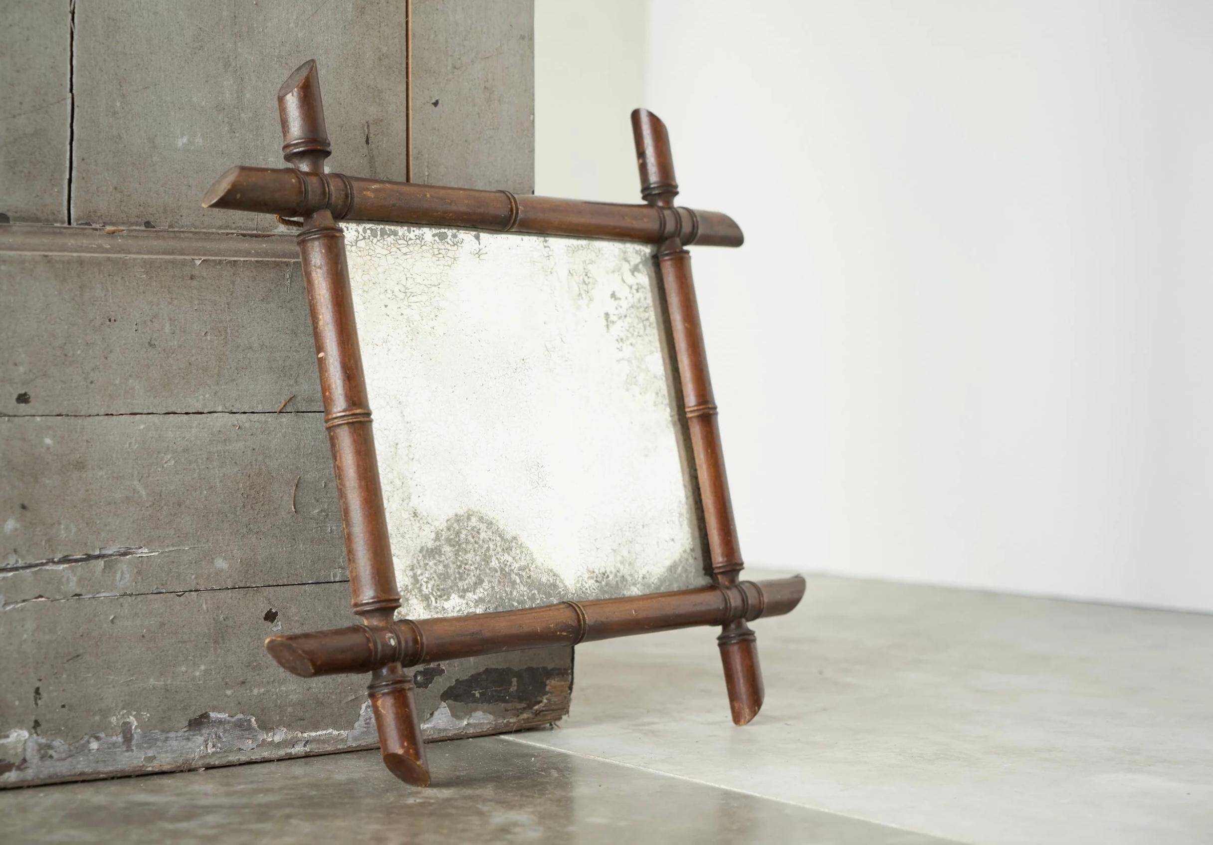 Faux Bamboo Mirror in Wood and Aged Mirror, Early 20th Century