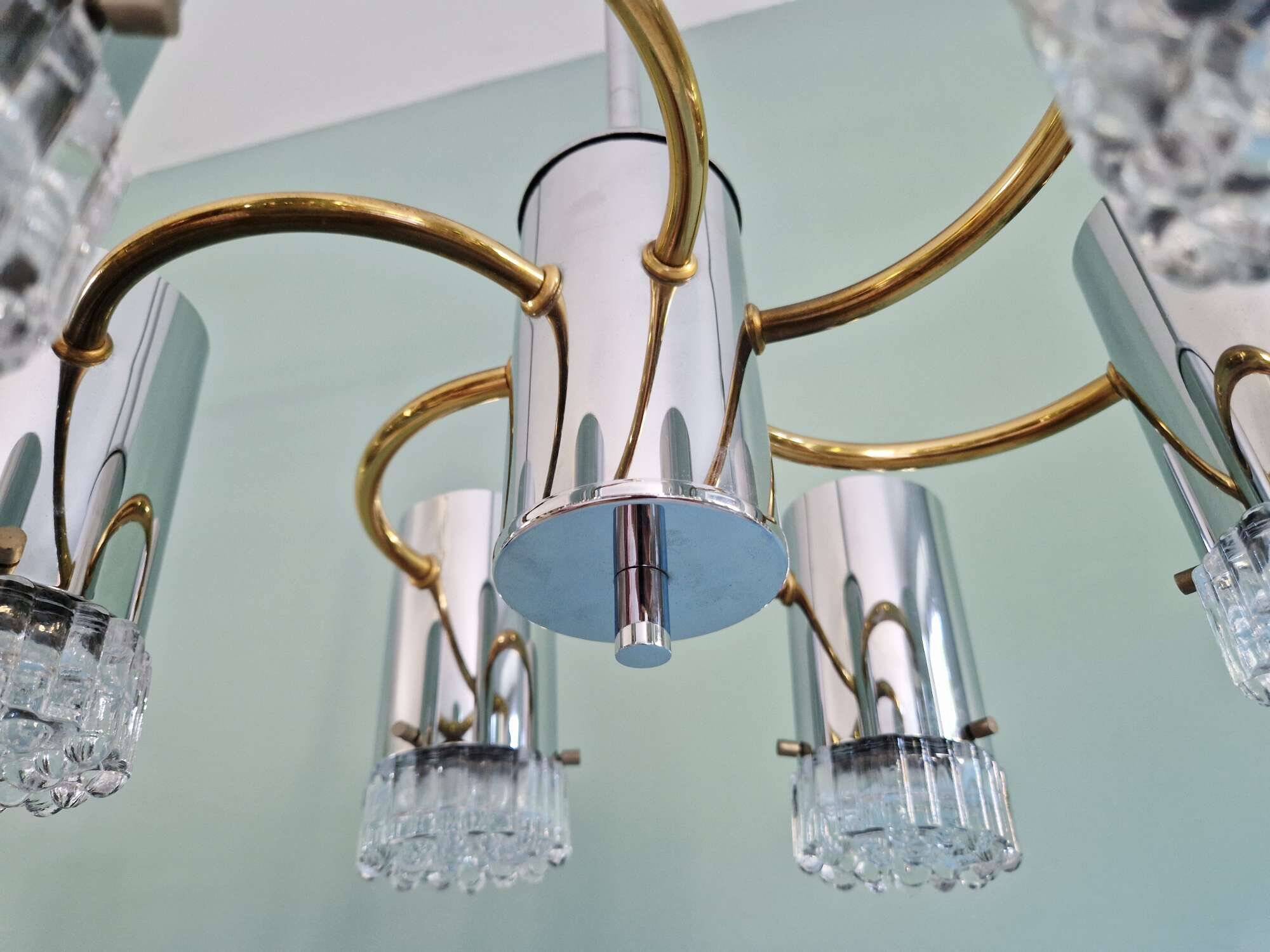 Space Age chandelier in chrome metal and brass, 1970s