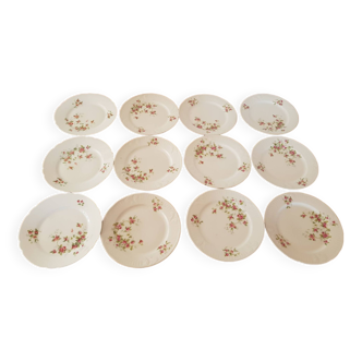 Set of 12 old dessert plates decorated with porcelain flowers