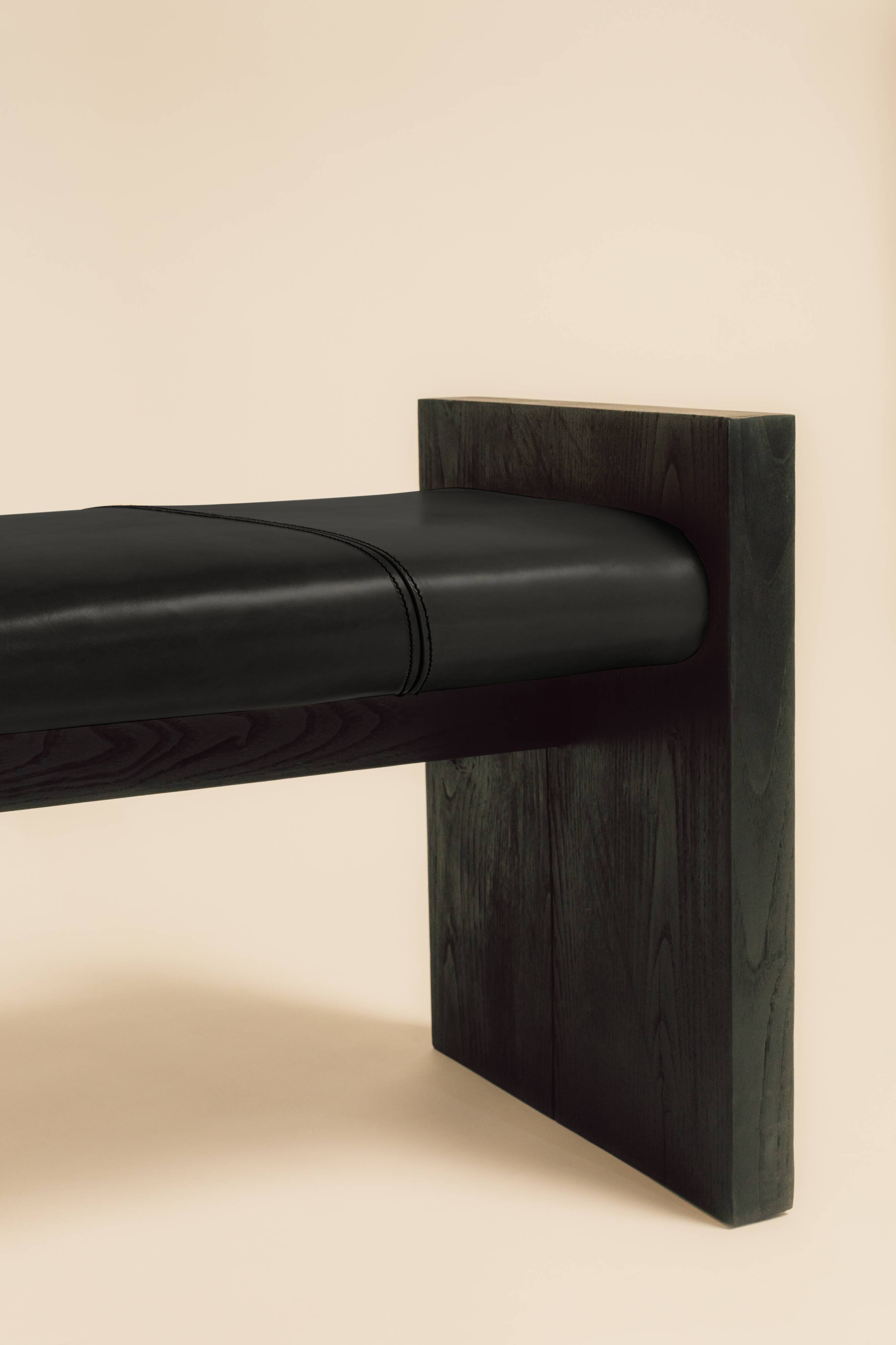 Maërl SEPIA bench, ebonized chestnut and black leather.