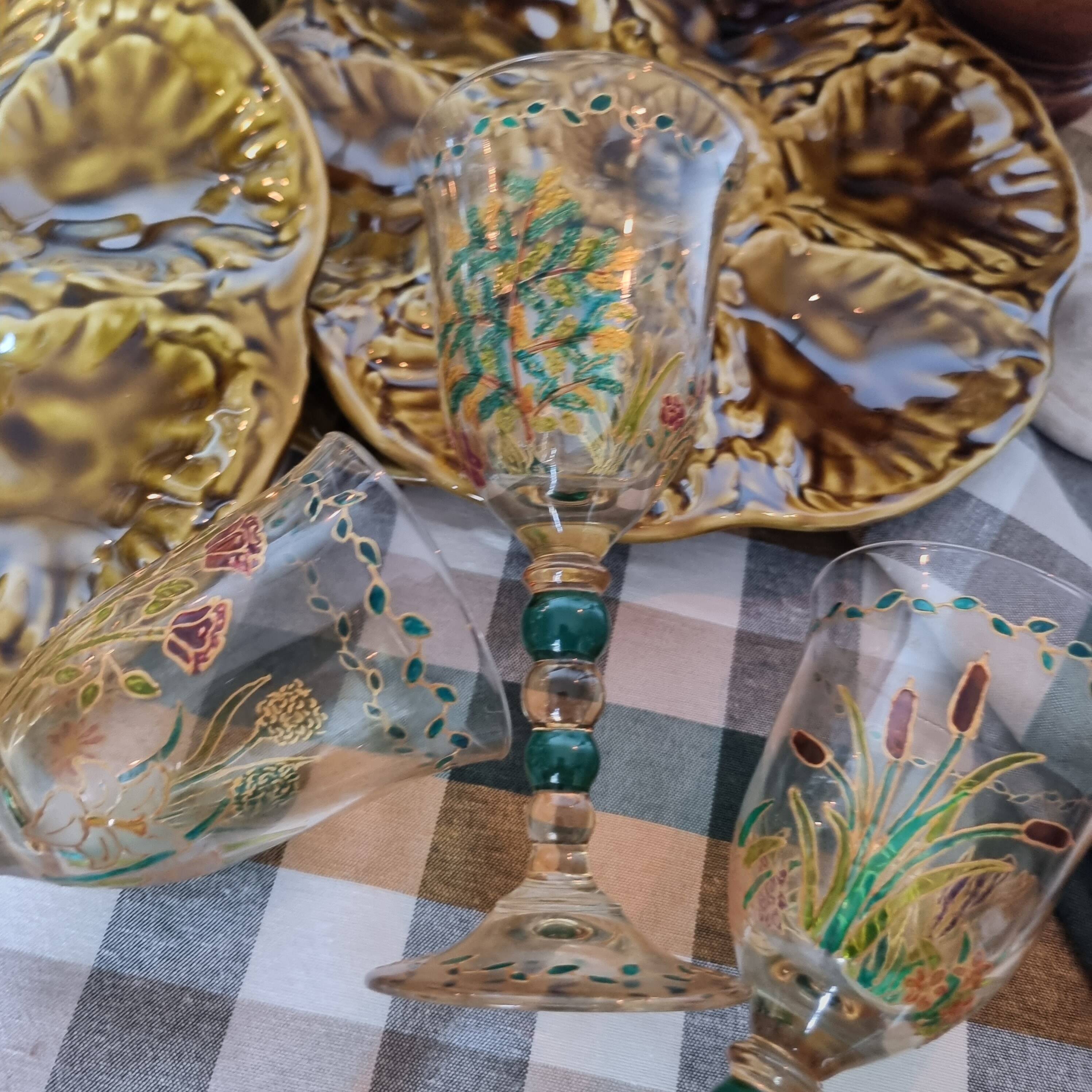 Set of 4 antique hand painted glass water or wine glasses with details inspired by the style