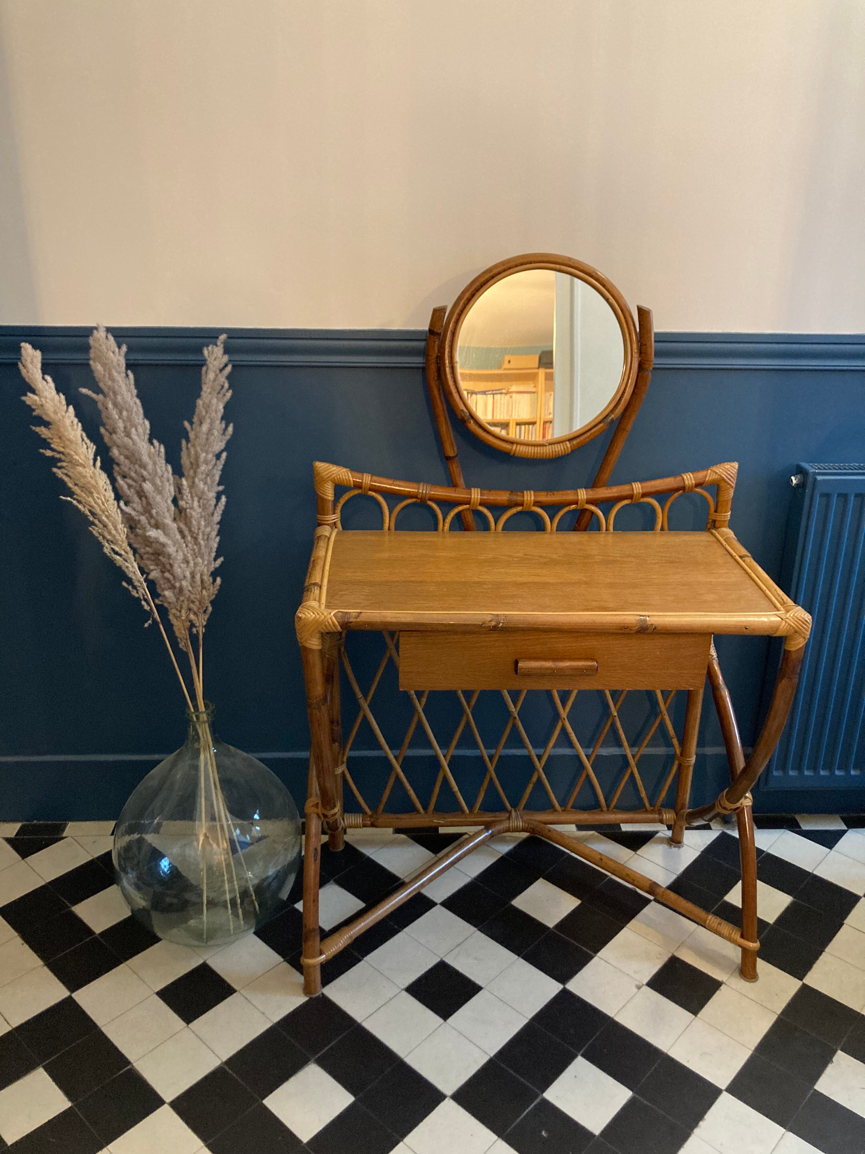 Rattan dressing table with vintage mirror