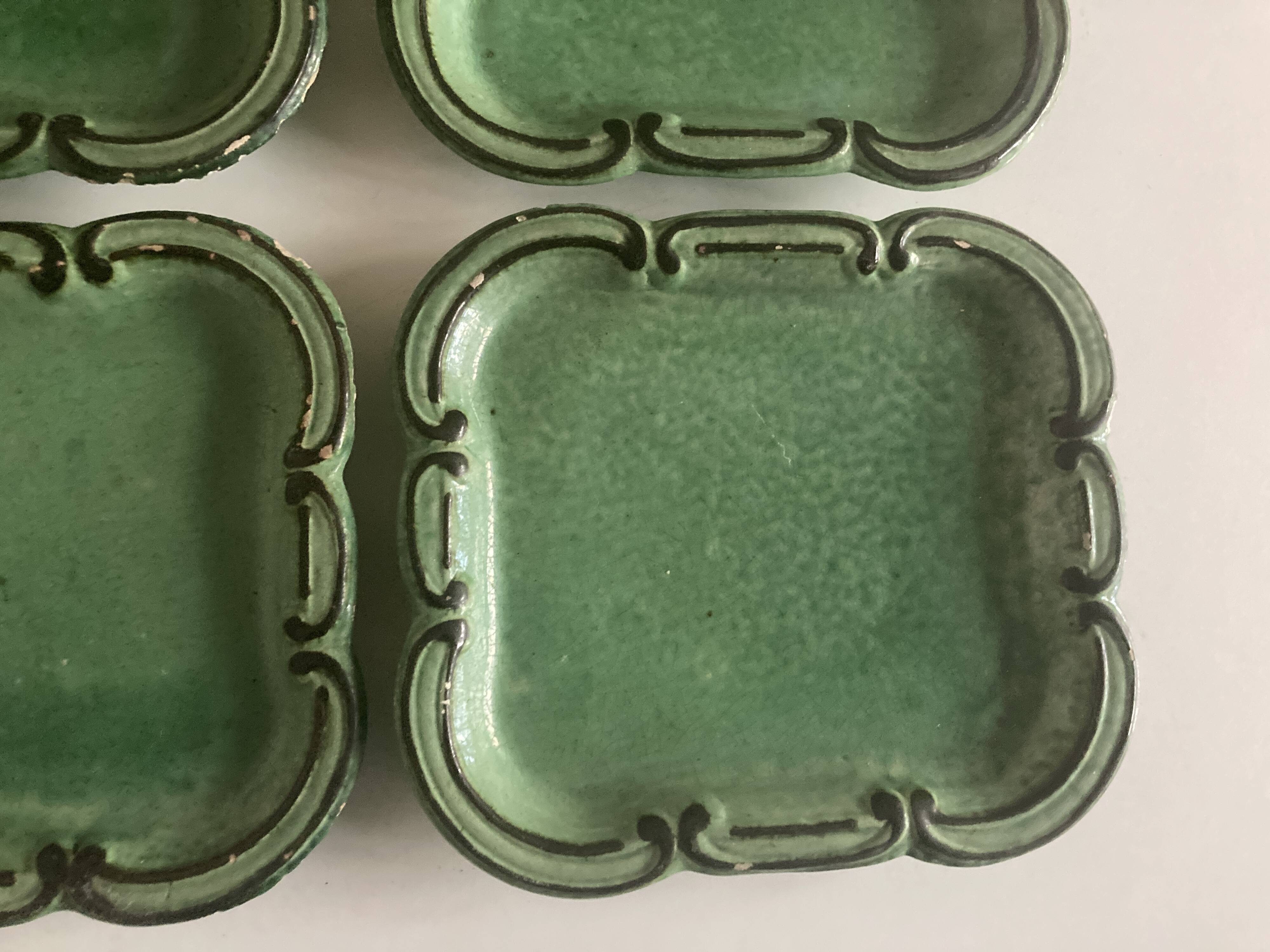 Set of 6 dessert plates in green varnished earth Vallauris 1950