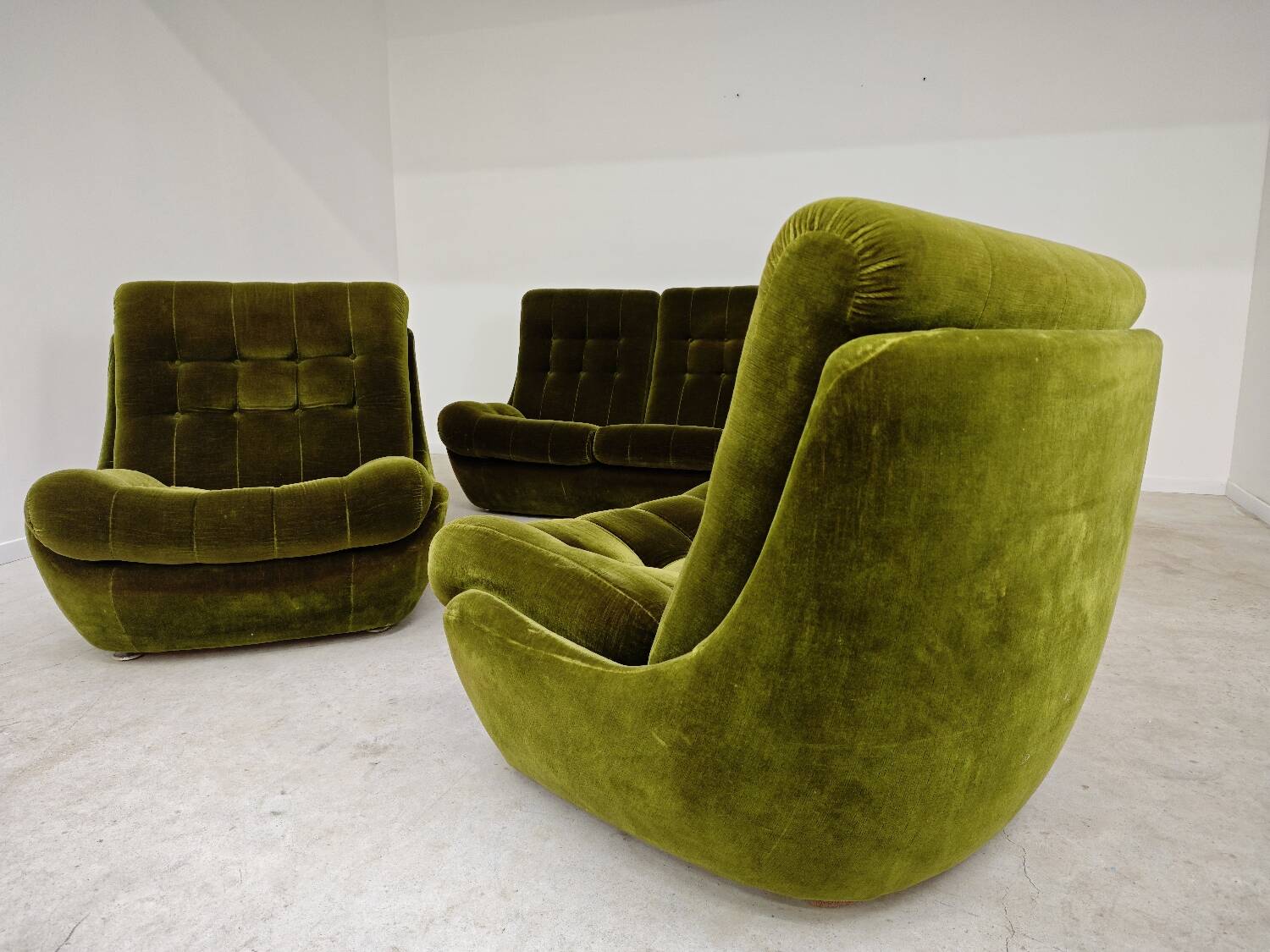 Pair of green velvet Atlantis armchairs by Jitona, ex Czechoslovakia 60s