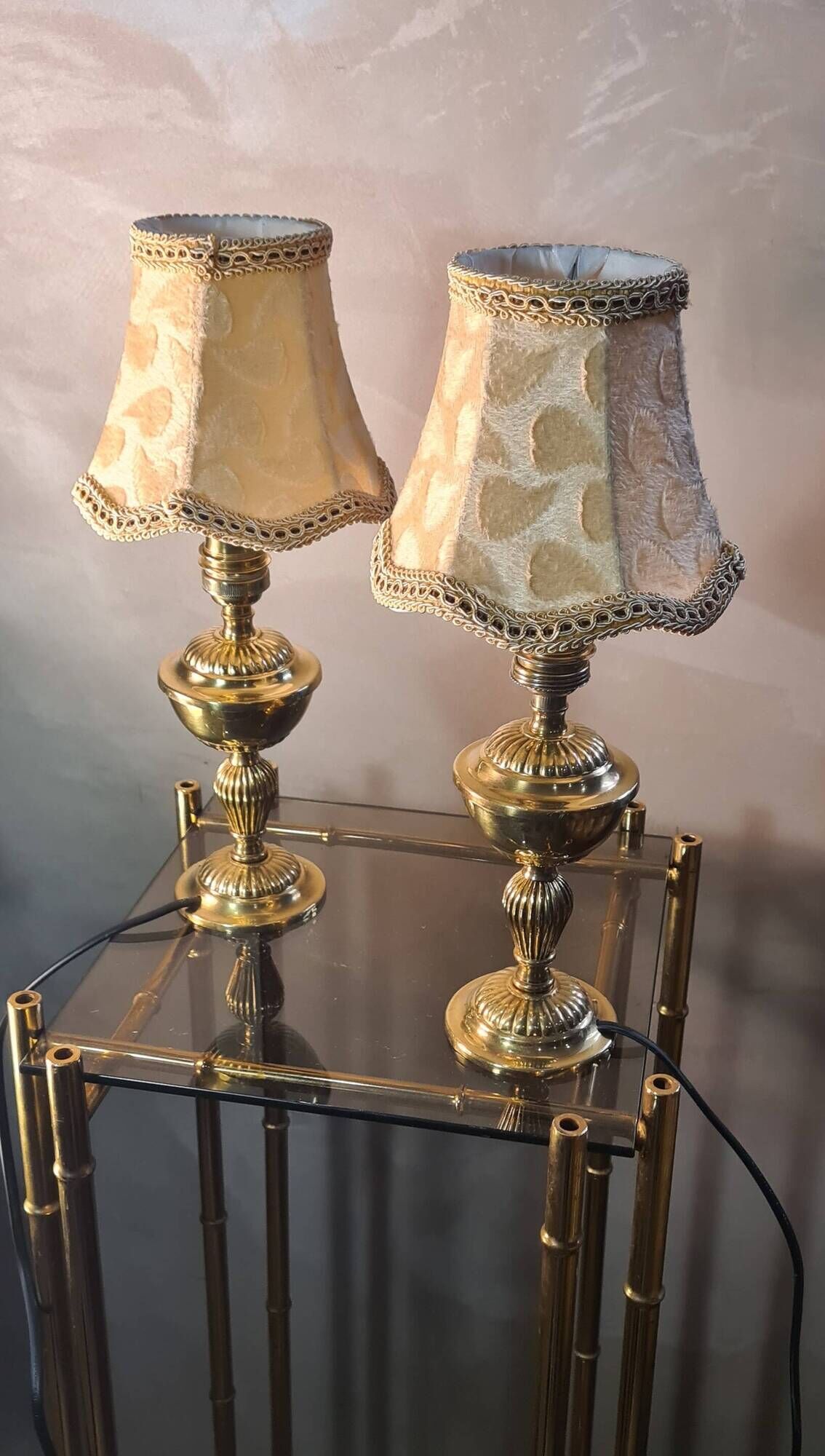 Pair of brass bedside lamp, with pretty velvet lampshade 31x14