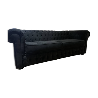 Canapé convertible velours capitonné Chesterfield bleu marine/noir 3 places