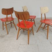 Set of 4 Ton (Thonet) red wooden chairs from the 1960s.