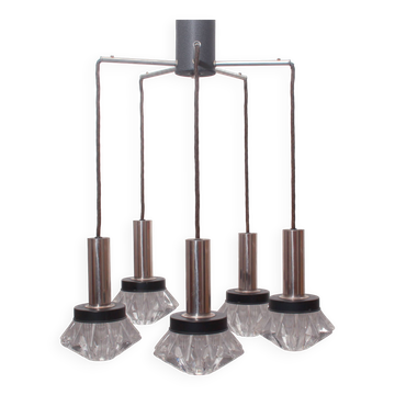 Lampe à suspension cascade des années 1970 en chrome et verre