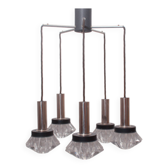 Lampe à suspension cascade des années 1970 en chrome et verre