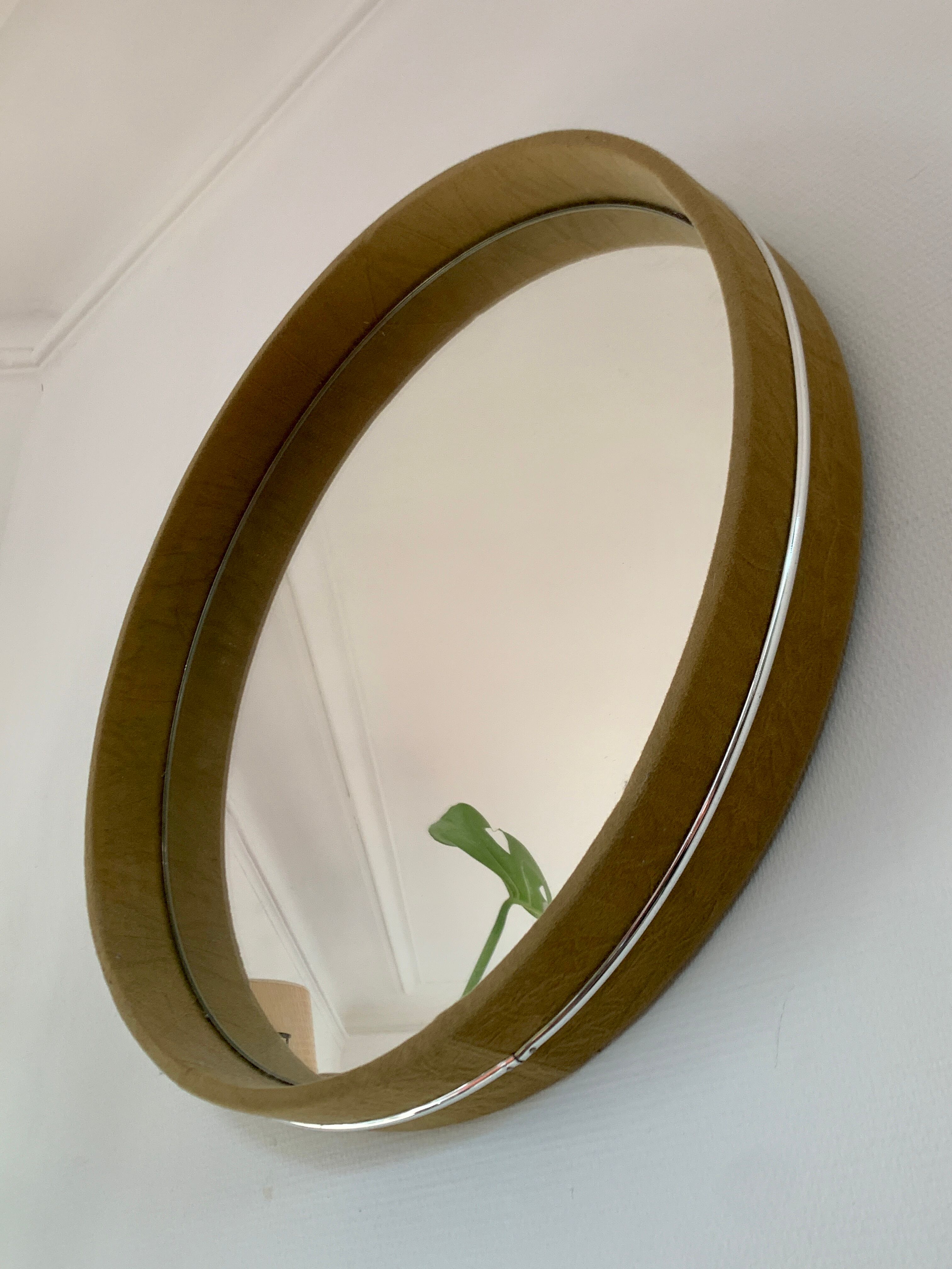 Vintage round mirror 70's fabric and metal