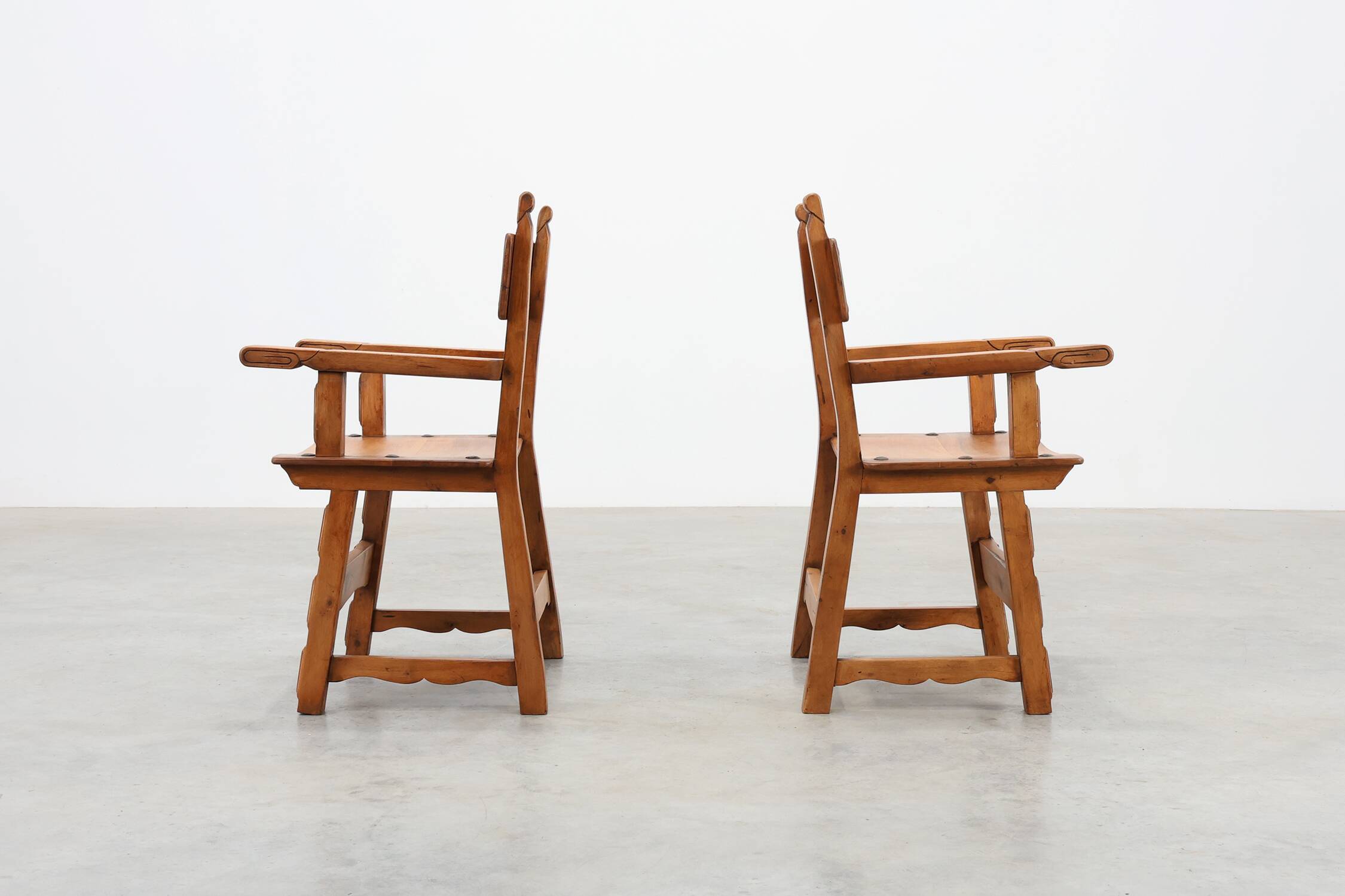 Pair of 2 Rustic carved oak side chairs, Spain ca. 1900