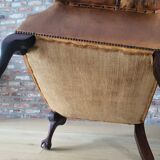 Antieke cuir Chesterfield wingback ourfauteuil Chippendale style cognac