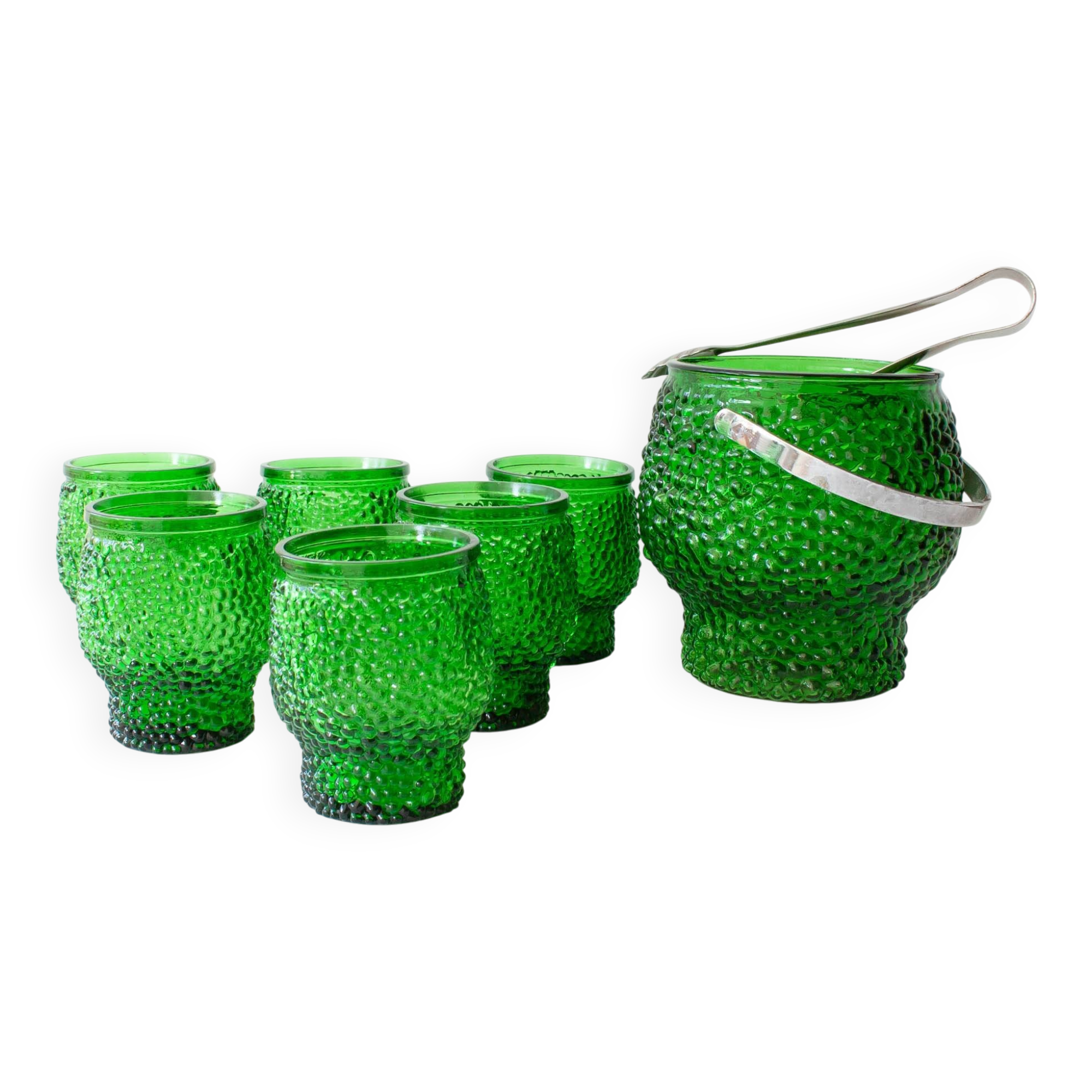 Vintage Green Set of 6 Cocktail bubble glasses, ice bucket and ice clamps
