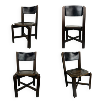 Lot de 4 chaises de salle à manger architecturales brutalistes en bois de hêtre, années 1970