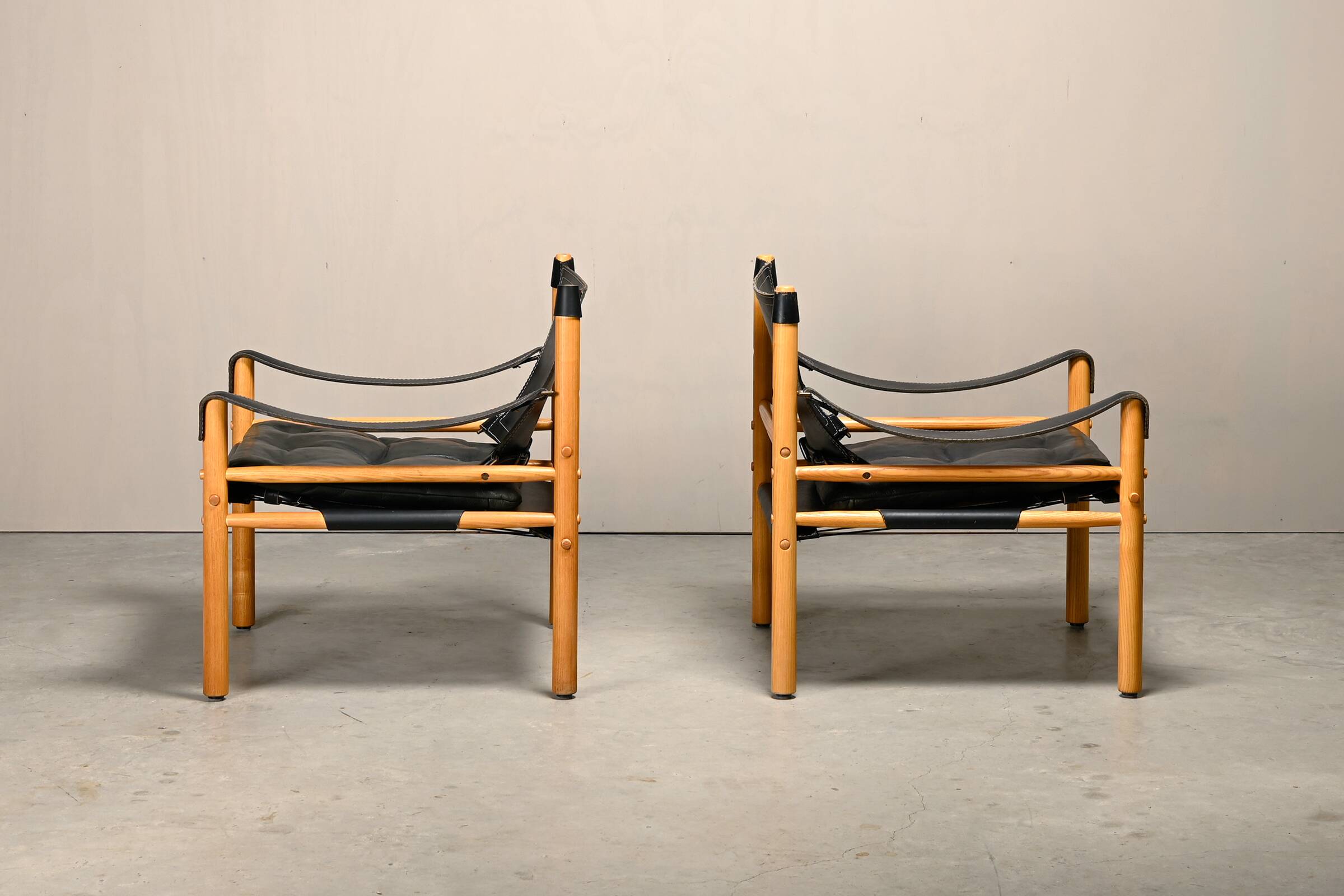 Arne Norell Sirocco Safari Lounge Chairs in Black Leather and Ash, Sweden
