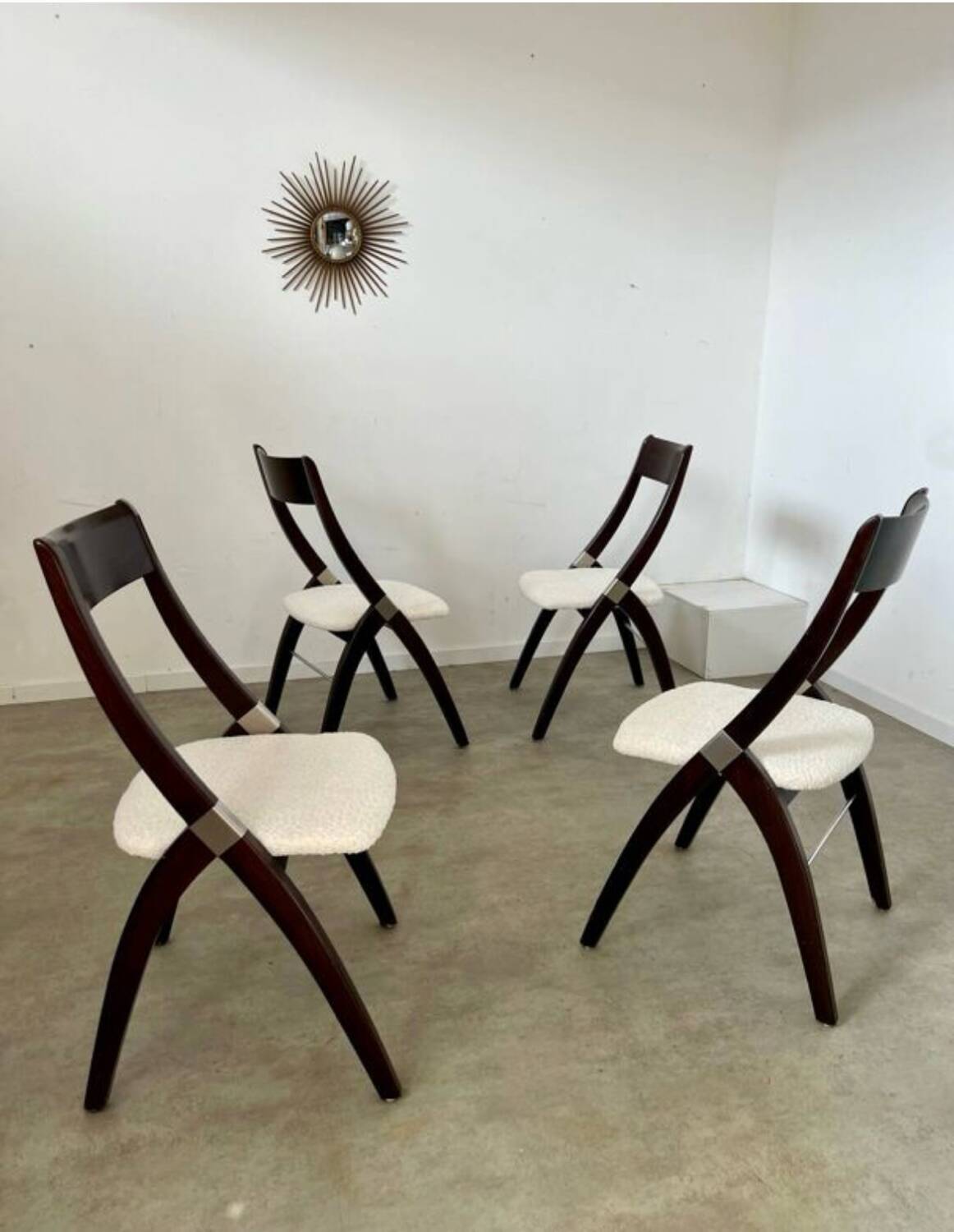 Set of 4 vintage 70s Italian design wooden and terry chairs